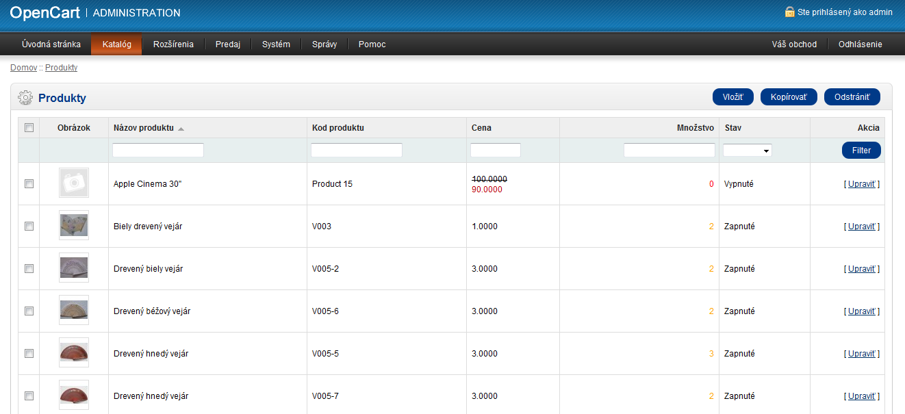OpenCart produkty